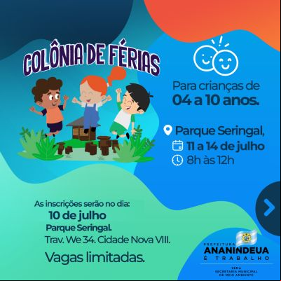 notícia: SEMA oferece Colônia de Férias para crianças de 04 a 10 anos 